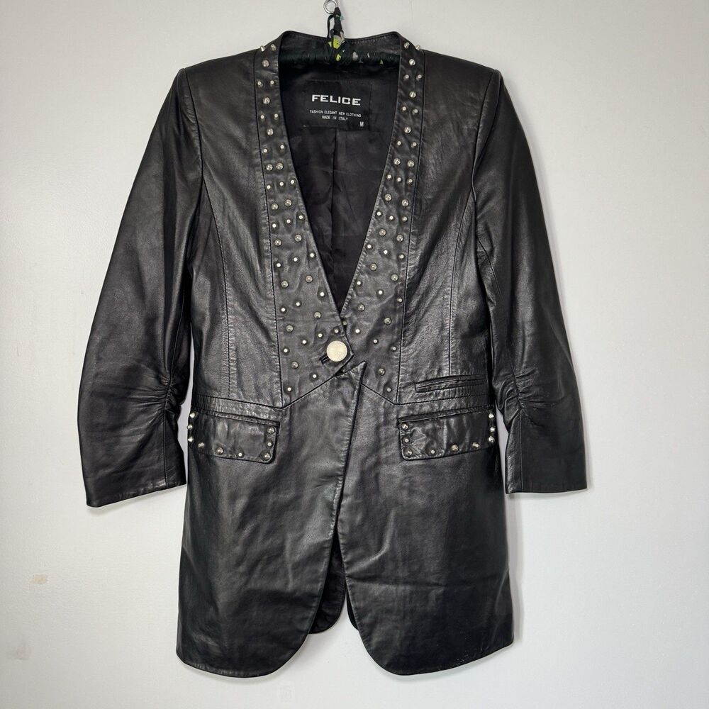 Felice Three Quarter Sleeve Studded 3/4 sleeve Black Leather Blazer/Jacket Sz M